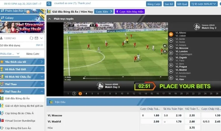 Giao diện đặt cược thể thao ảo SumVip