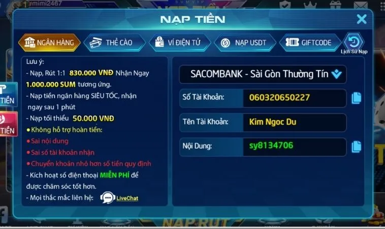 Các phương thức hỗ trợ nạp tiền SumVip