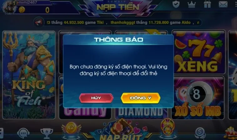 Cần đăng ký số điện thoại để thực hiện rút tiền SumVip